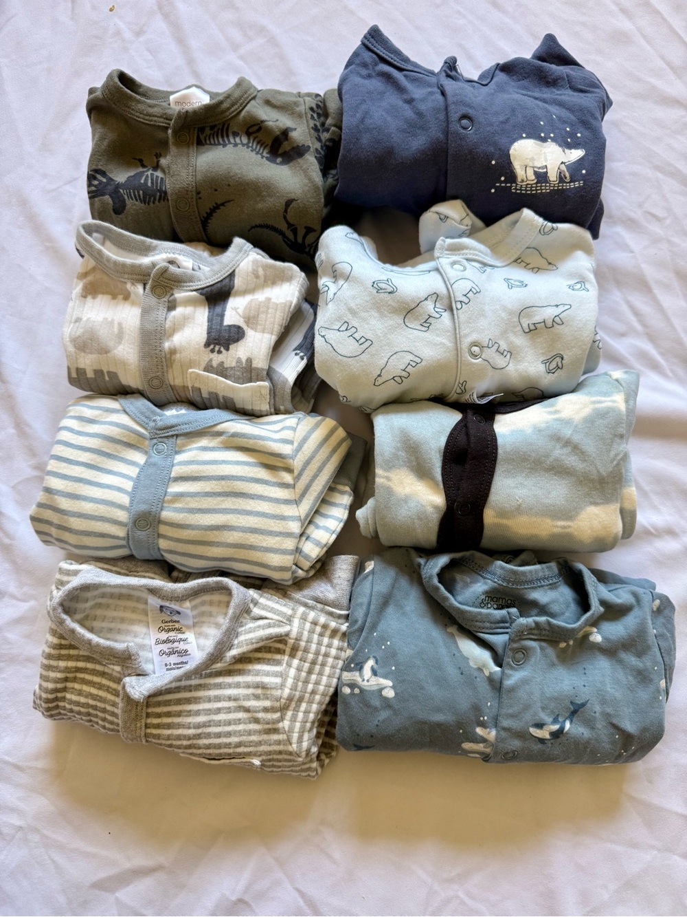 Mixed Color Baby One-Piece Pajama Set Pack - Navy, Olive, Gray, Cream 16 pieces